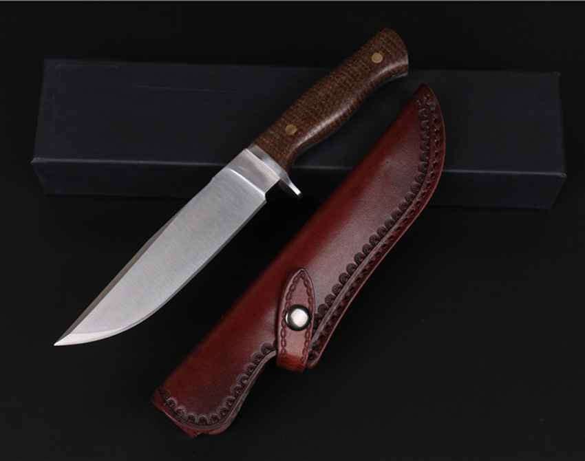 

Top Quality Survival Stright Hunting Knife D2 Satin Drop Point Blade Full Tang Handle Fixed Blade Knives With Leather Sheath