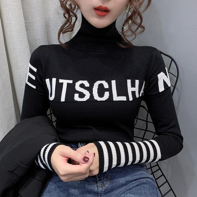 

#6273 Black White Blue Orange Sweater Women Turtleneck Pullovers Letters Slim Harajuku Casual Turtleneck Sweater Spring Autumn