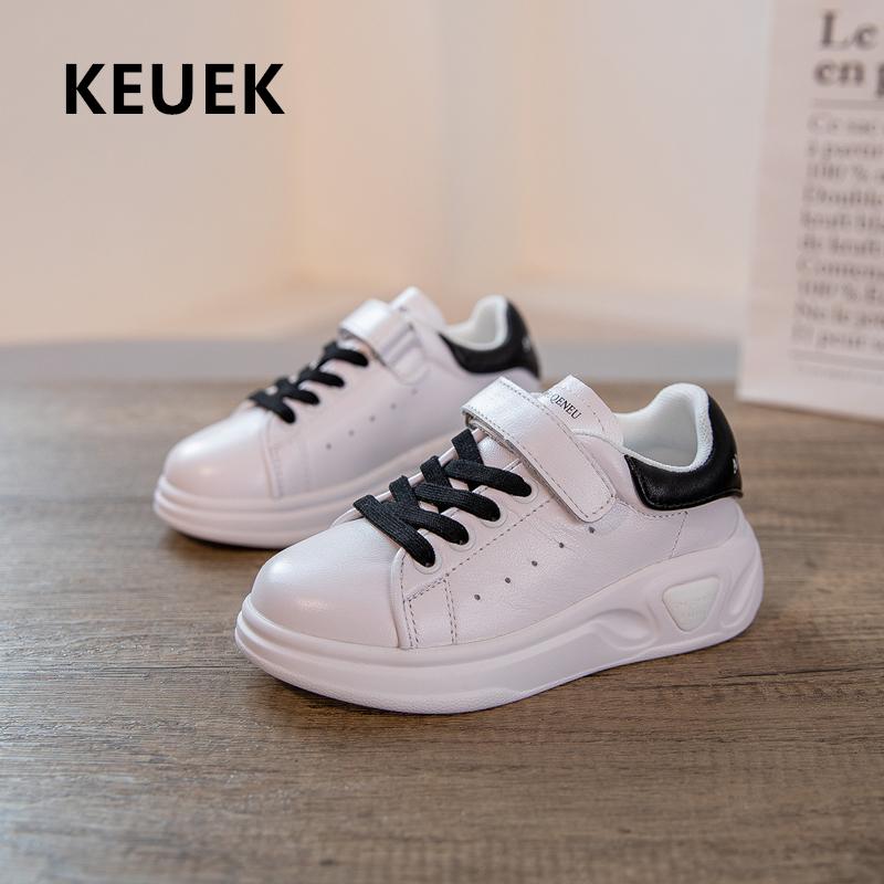 

New Spring Children Shoes Boys Girls Genuine Leather White Hook & Loop Sneakers Baby Student Non-Slip Kids Toddler Flats 033, Black