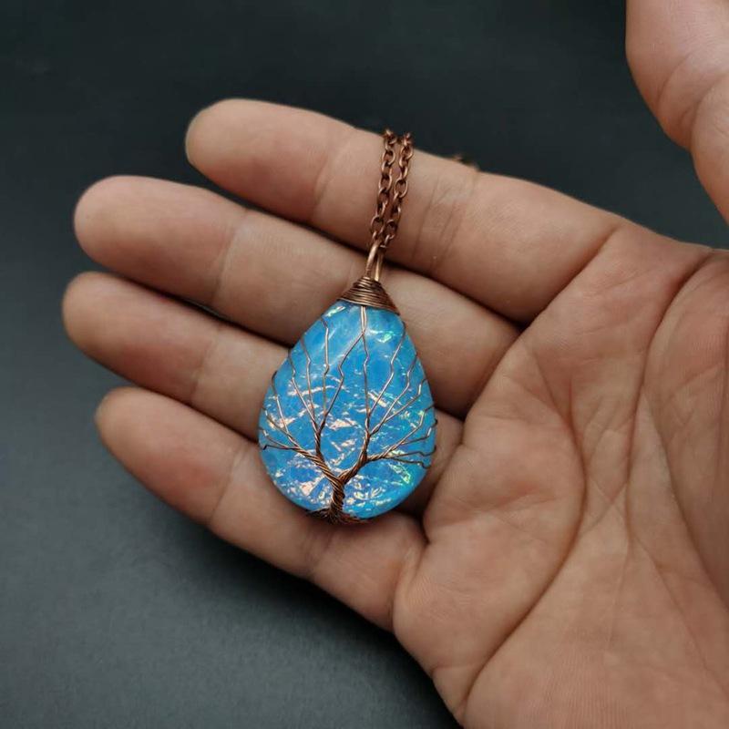 Tree of Life Teardrop Heart Necklace Copper Wire Wrapped Gemstone Healing Chakra Necklace for women fashion jewelry will and sandy gift