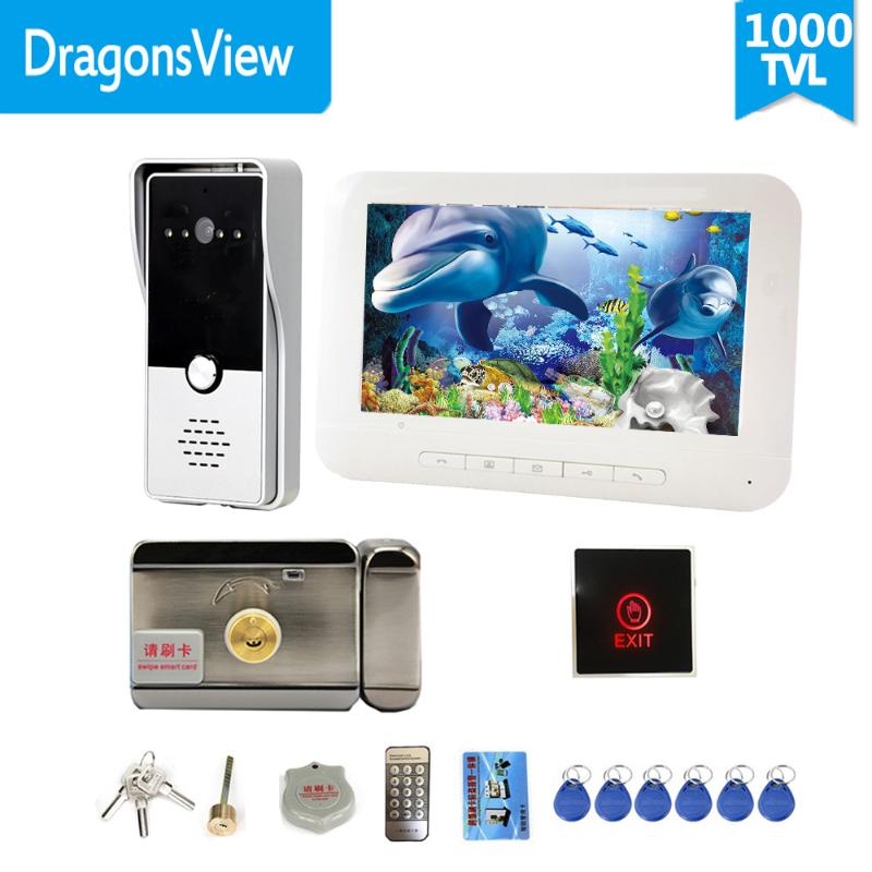 

Dragonsview Video Door Phone Doorbell Intercom System with Electric Lock 7 Inch White Unlock Exit Button Talk