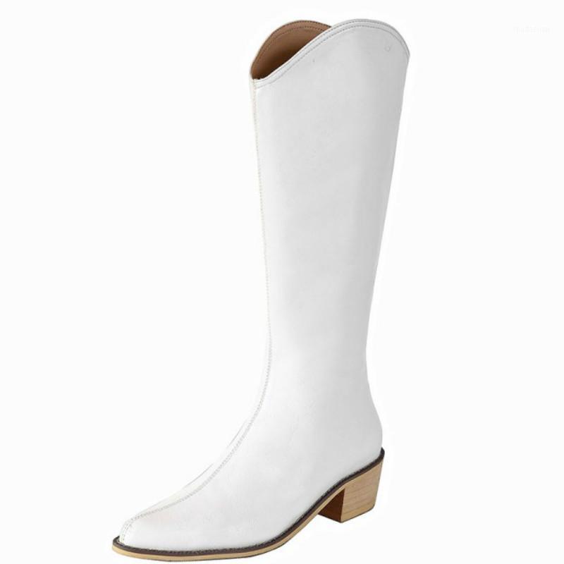 

Leather pointed western cowboy boots for fall/winter new style but thick knee high heel mid-tube knight boots plus size34- 431, White