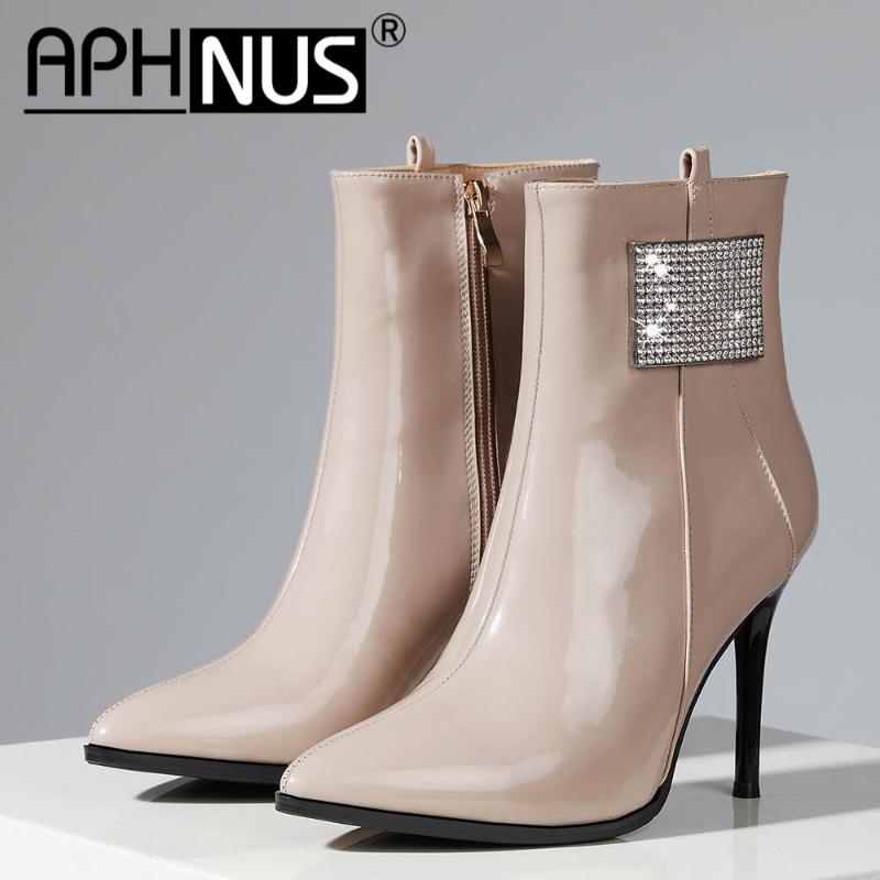 

APHNUS Womens Boots Rhinestone Short Ankle Booties Mid High Heels Pumps Woman 2020 Shoes For Women New Boot, Black