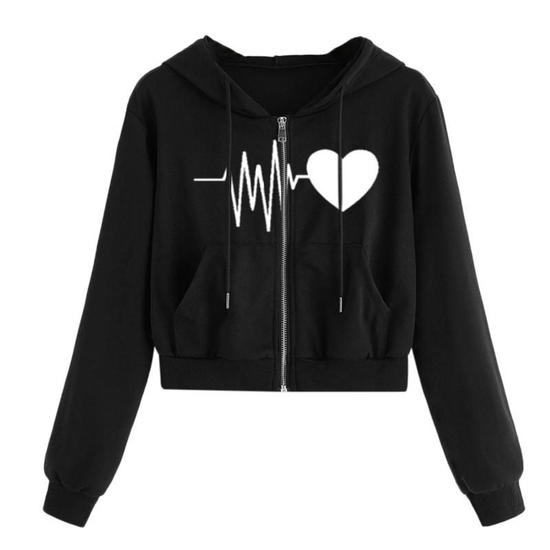 

Heartbeat Print Women' Hoodies Lightweight Long Sleeve Casual Pullover Hooded Autumn Winter Women Sweatshirt Harajuku Casual #S, Black