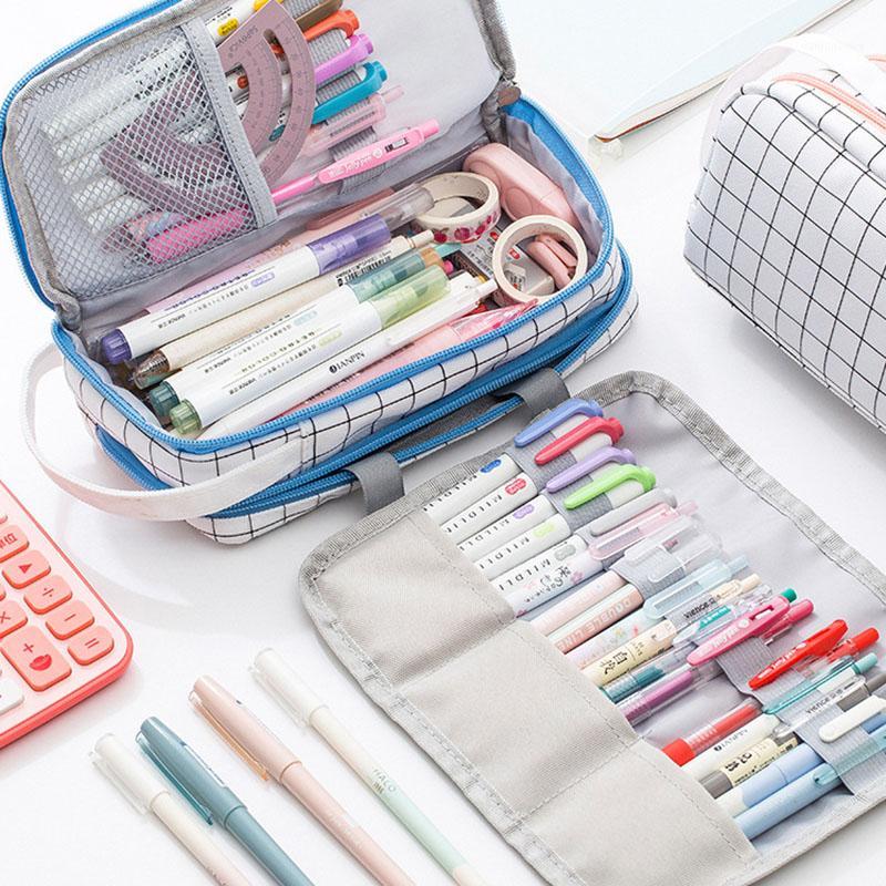 

Large Capacity Pencil Case Multifunction Roll Pencil Bag Cute Grid Canvas Pencilcase Gifts Stationery Pen Pouch Back To School1