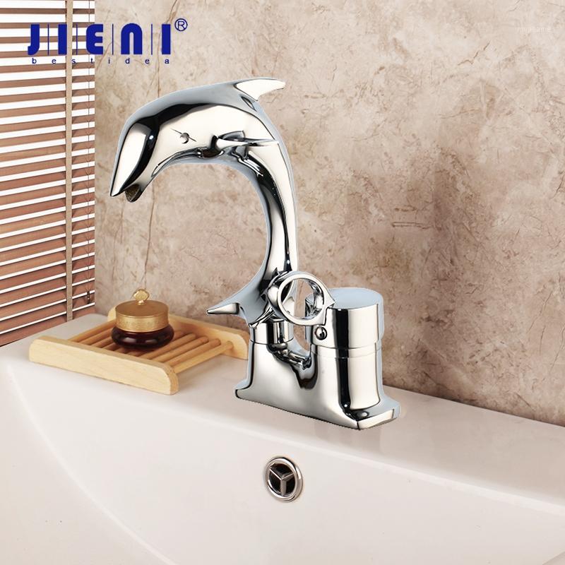 

JIENI Dolphin Polished Chrome Solid Brass 1 Handle 2 Hoses Deck Mounted Bathroom Basin sink Mixer Tap Faucet1