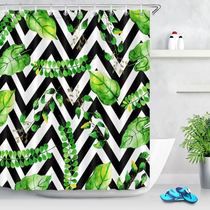 

LB Black And White Wavy Stripes Green Leaves Natural Shower Curtain Scenic Waterproof Custom Bathroom Fabric For Bathtub Decor