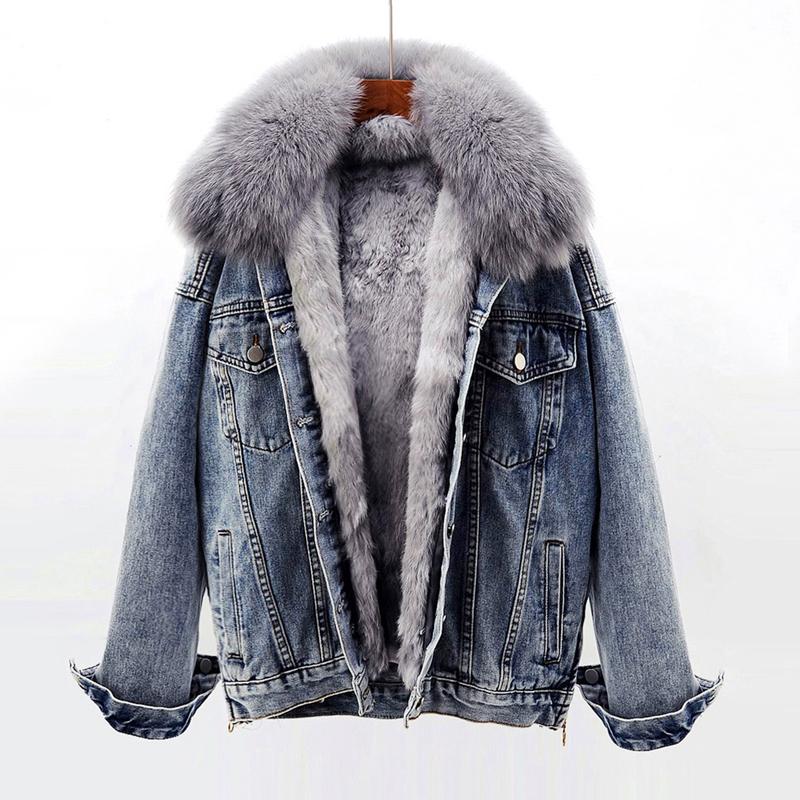 

Real fur collar thick warm denim jacket female winter detachable real fur liner zipper stitching coat F2156, Blue
