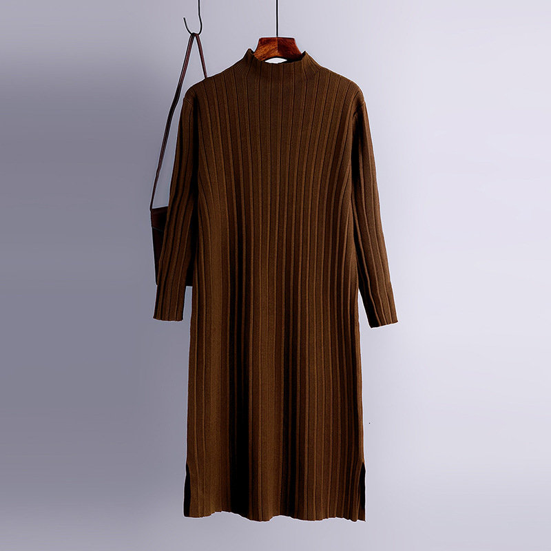 

2021 New Oversized Long Straight Women Maxi Dress Autumn Winter Turtleneck Thick Warm Sweater Dresses Pullover Robe d Ete Femme P87p, Dark brown