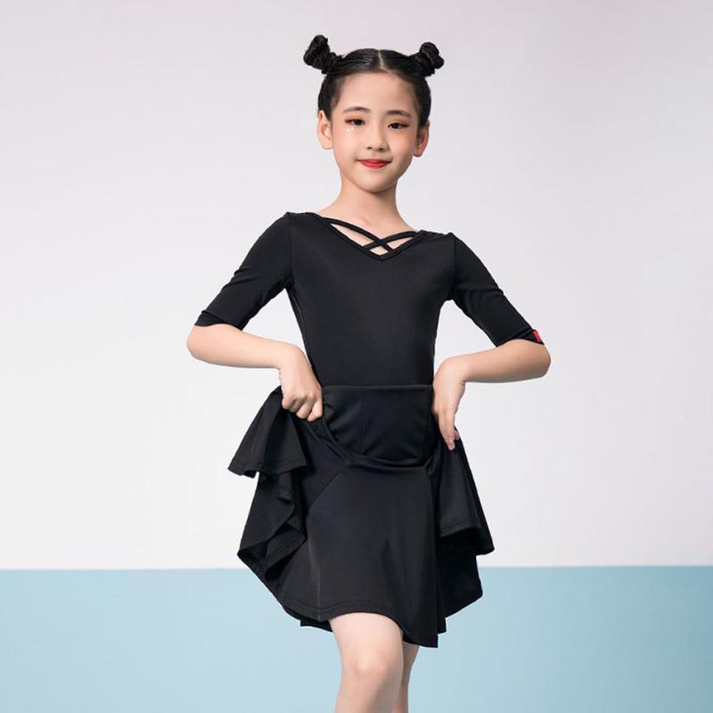 

Kids Girls Latin Dance Dress Half Sleeve Wrinkle Design Knee Length Latin Stage Ballroom Dancewear Girl Dancing Cloth L8018, Yellow