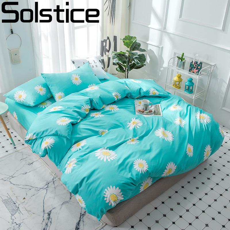 

Solstice Home Textile King Queen Twin 3/4Pcs Bed Linens Girl Kid Woman Bedding Set Cyan Flower Duvet Cover Pillowcase Flat Sheet