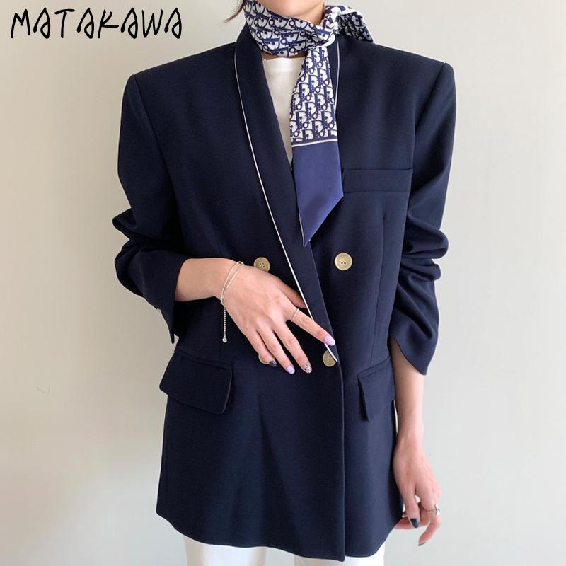 

MATAKAWA Line Contrast Color Design Loose Blazer Women Korea Chic Autumn Elegant Notched Double-breasted Office Lady Coat, Dark blue