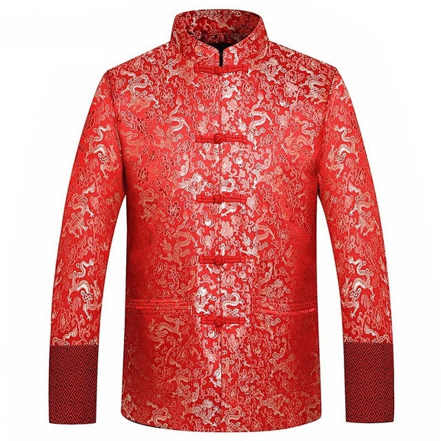 

2020 Men's Red Silk Autumn Dragon Cheongsam Tops Plus Size 4xl Traditional Chinese Clothes Tang Wedding Jacket 7swe