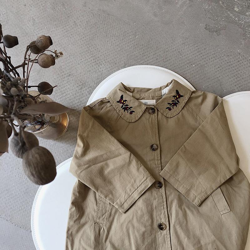 

2020 Autumn dress new Korean girls vintage embroidered windcoat children's long-sleeve embroidered jacket, Khaki