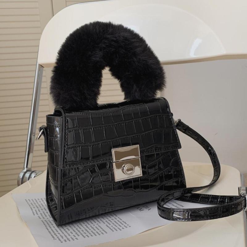 

Crocodile pattern Plush Tote bag 2021 Fashion New High quality PU Leather Women's Designer Handbag Small Shoulder Messenger Bag, Black