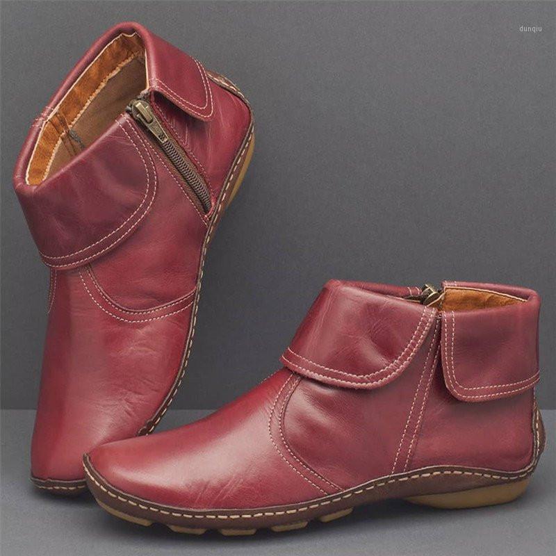 

2020 new Women's Snow Boot Retro Leather Boots Flat Waterproof boots Winter Round Toe ankle Ladies Versatile Platform boot1, 3 red