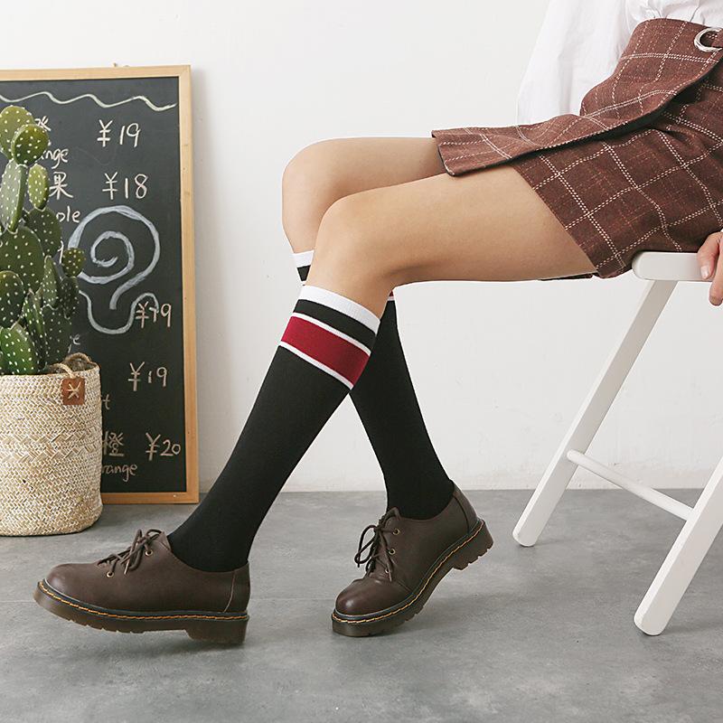 

2020 Stocking Autumn And Winter New Knee Socks Japanese Two Bars Color Matching Cotton Women Was Thin Long Tube Calf Ladies, 01