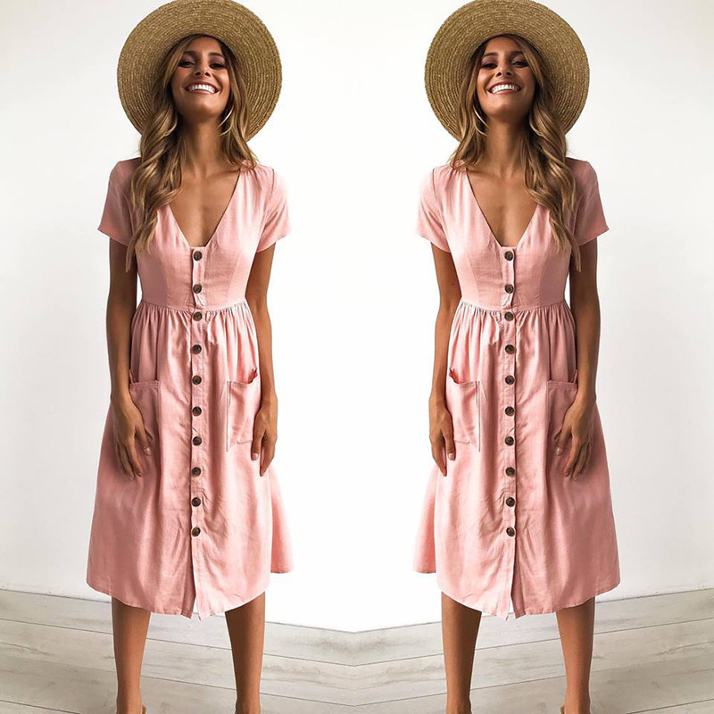 

2021 New Women Vintage Simple Short Sleeve v Neck Button Down Swing Midi Summer with Pockets Vestidos Casual Mkjw, Gray