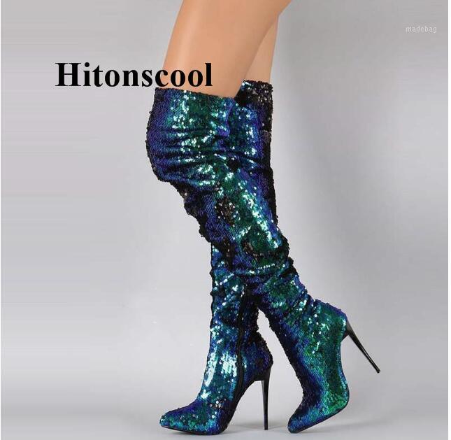 

Luxury Glitter Rhinestone Thigh High Boots Women Design Crystal Shiny Shooting Over The Knee Boots High Heels Party Shoes Women1, Blue