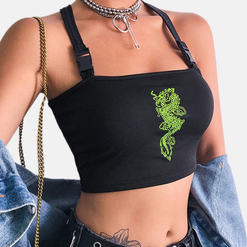 

Chinese Style Street Clothing Women' Sling Dragon Embroidery Buckle Crisscross Holiday Blouse Summer Fashion Comfortable Short, Black