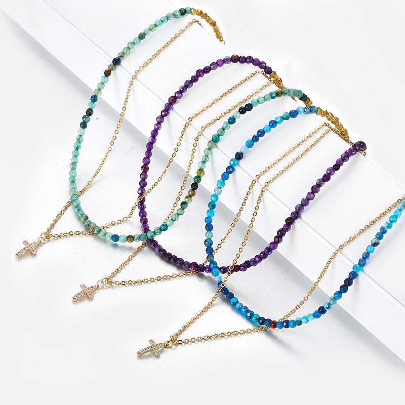 

Davieslee Womens Necklace Bohemia Gold Filled Cross Charm 5 Colors Nature Stone Beads Necklace for Women Valentine's Gift DDNM091