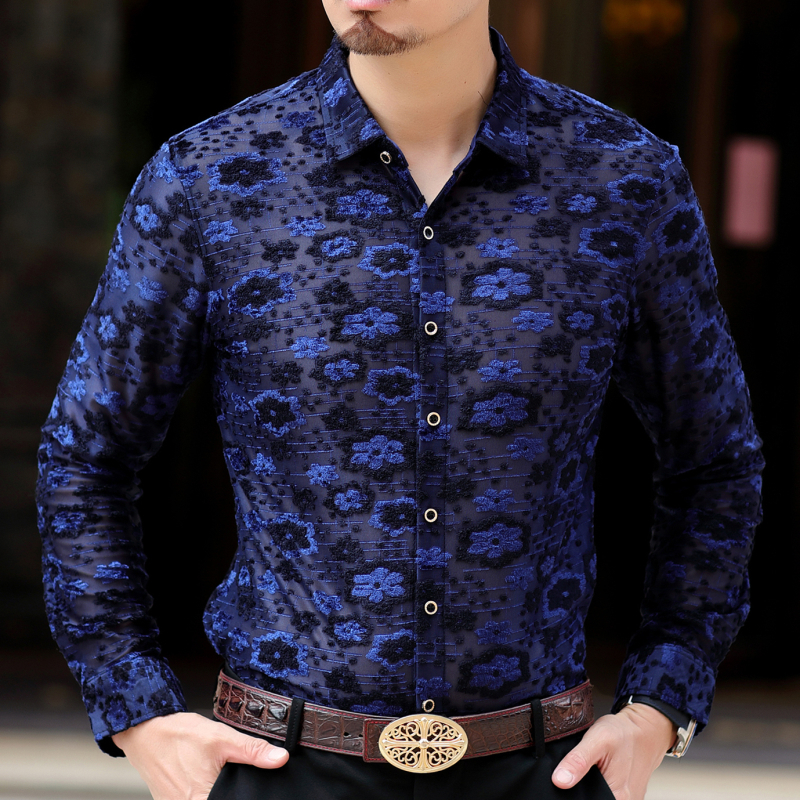 

2020 of Long-sleeve Shirt Men From the Prom Party Club, Velvet Shirt. C3qd, Blue