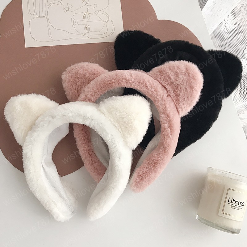 

New Wash Face Cat Ear Headbands Headwear Cute Sweet Wide plush Hair Band Trendy Faux Fur Hairbands for Girls Hair accssories