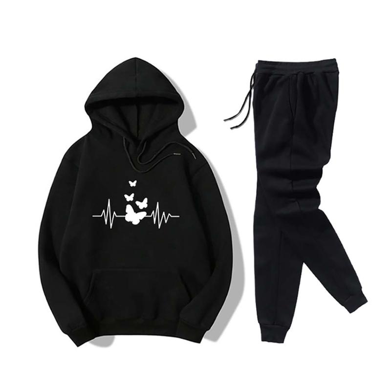 

Casual Baggy Gym Sport Activewear Women Simple Butterfly Printed Running Set Hoodies Tops and Drawstring Trousers 2Pcs Tractsuit, Black