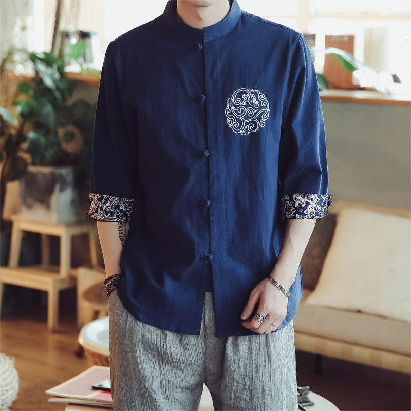 

2021 Chinese Style Embroidery Cotton Linen Streetwear Shirts Casual 5xl White Shirt Men Fashions New Mxqa, Turquoise