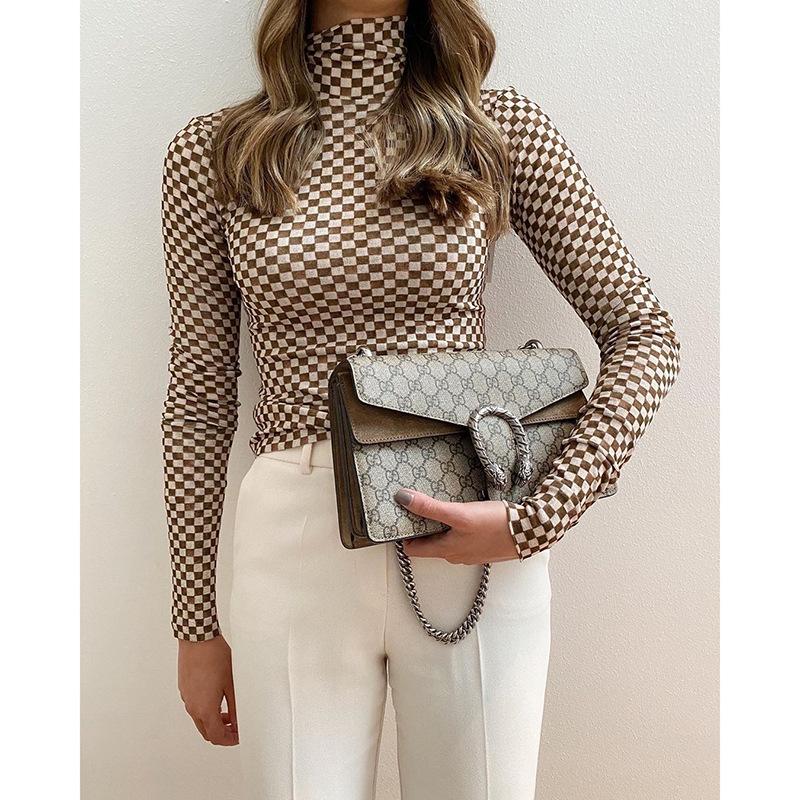 

Chessboard Plaid Printed Half Turtleneck Bottoming Shirt Women's Slim Top 2020 Autumn New, As pic