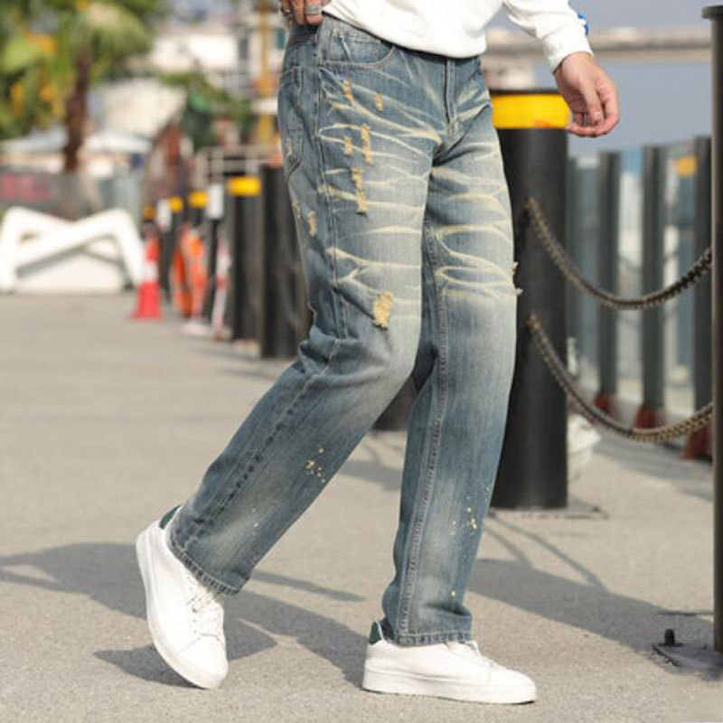 

Special Offer, Brem Spring and Autumn, Men's Straight Brim Loose Retro-big Hole Long Pants 0avo, Blue