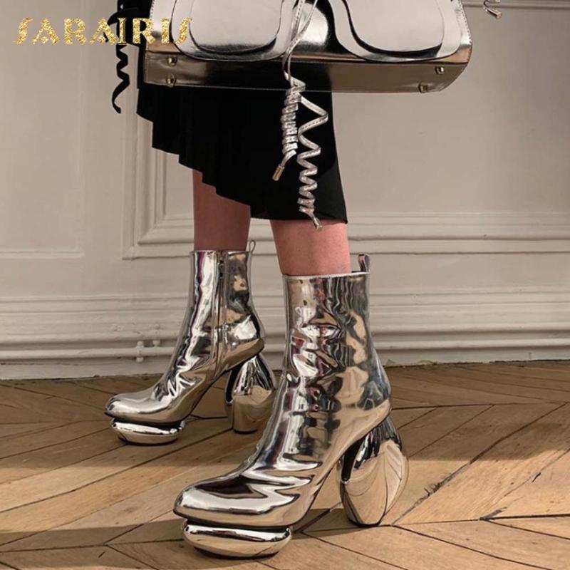 

Sarairis 2021 Brand New Women Shoes Strange Heels INS Trendy Catwalk Shiny Trendy Sliver Black Bright Gothic Boots Ladies