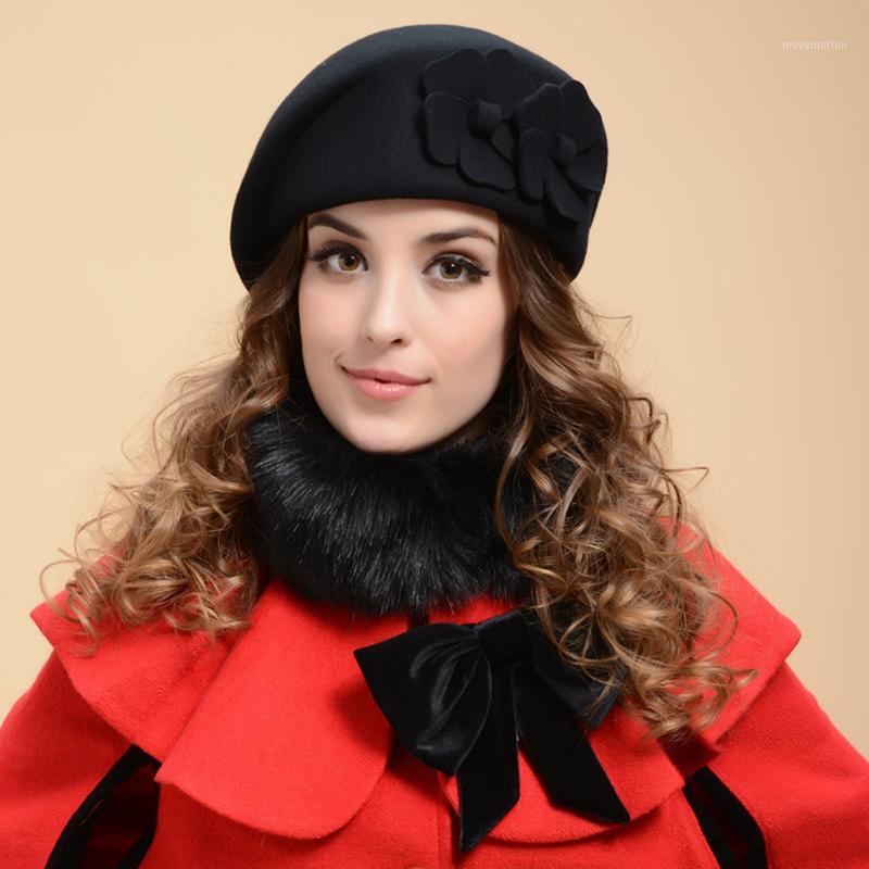 

Wholesale-Fashion Women Flower Beret Cap Winter New Sweet Style Warm Soft Wool Floral Hat British Style Woman Lady Girl Casual Berets1, Dark red