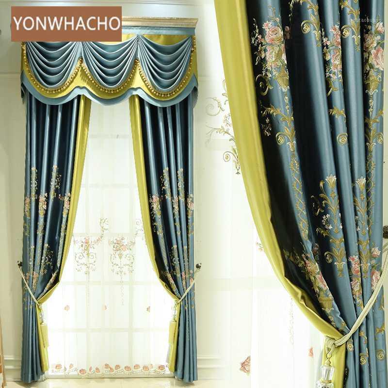 

Custom curtains high precision embroidery upscale American living room blue cloth blackout curtain tulle valance drape B8481