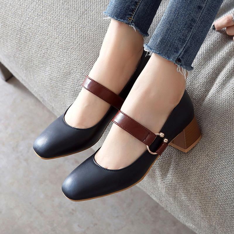 

Plus Size 34-46 Mary Ladies High Heels Women Shoes Woman Pumps Metal Buckle with Square Toe Shallow Mouth and Thick Low-heel, Beige
