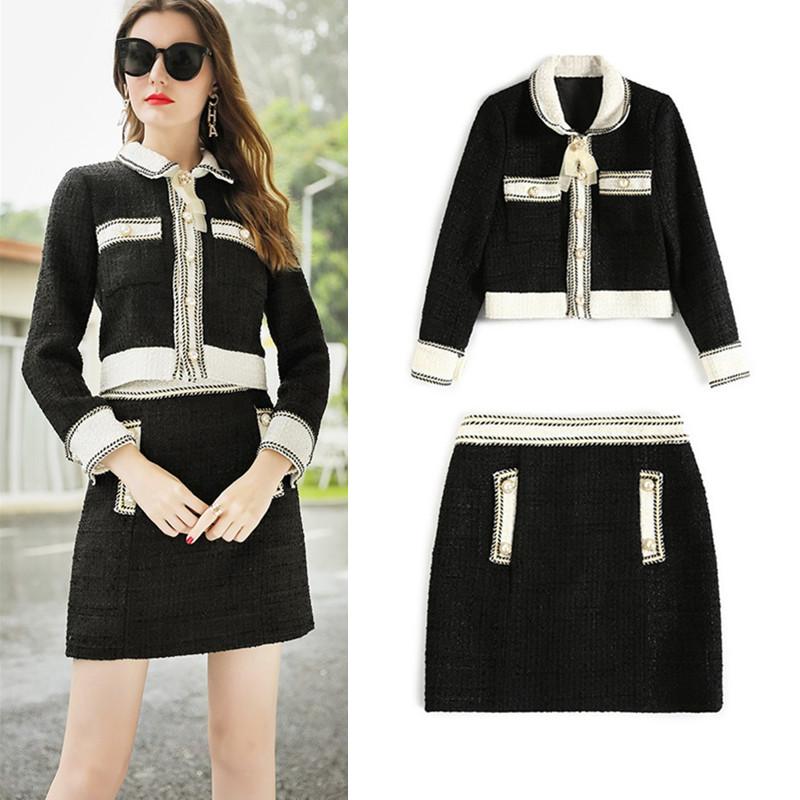 

Autumn Woman Tweed Skirts Suits For Office Ladies Women' Short Coat Outwear And Fashion Skirts Workwear Clothing Set NS381, Black
