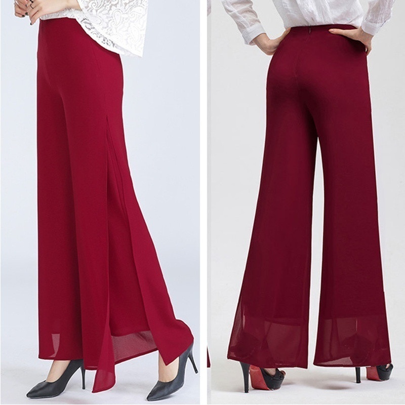 

2021 New Plus Size Women Wide Leg Pants Casual Ladies Vintage Loose High Waist Chiffon Side Split Light Comfort Trousers Htoo, Beige