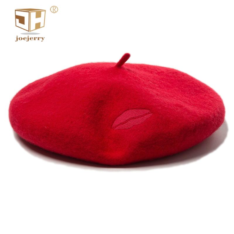 

joejerry Wool Red Beret Women Cute Lolita Beret Korean Embroidery Hat Cap Girl 2020 Winter High Quality, Black beret