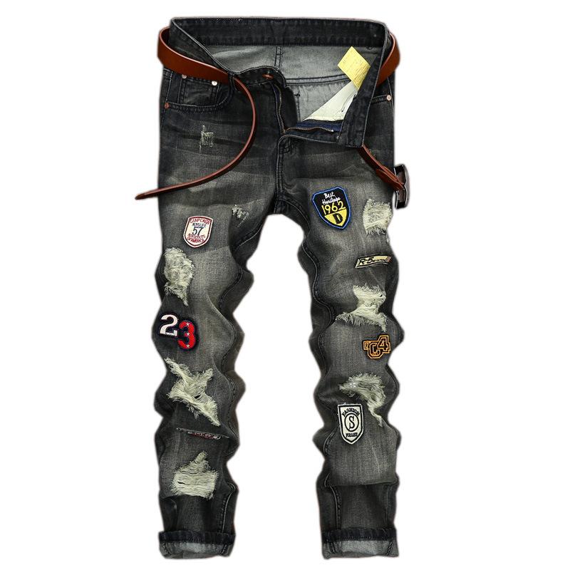 

Men Jeans Denim Slim Fit Holes Retro Nostalgic Embroidery Patchwork Men High Quality Jeans Straight Large Size, Gray