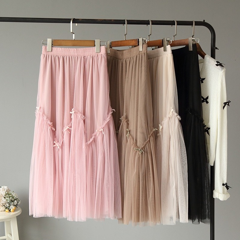 

2021 New Spring and summer hammock bow straight double multi-layer halfbody knit faerie skirt reductionsweet girl cloth ZHNX, Black