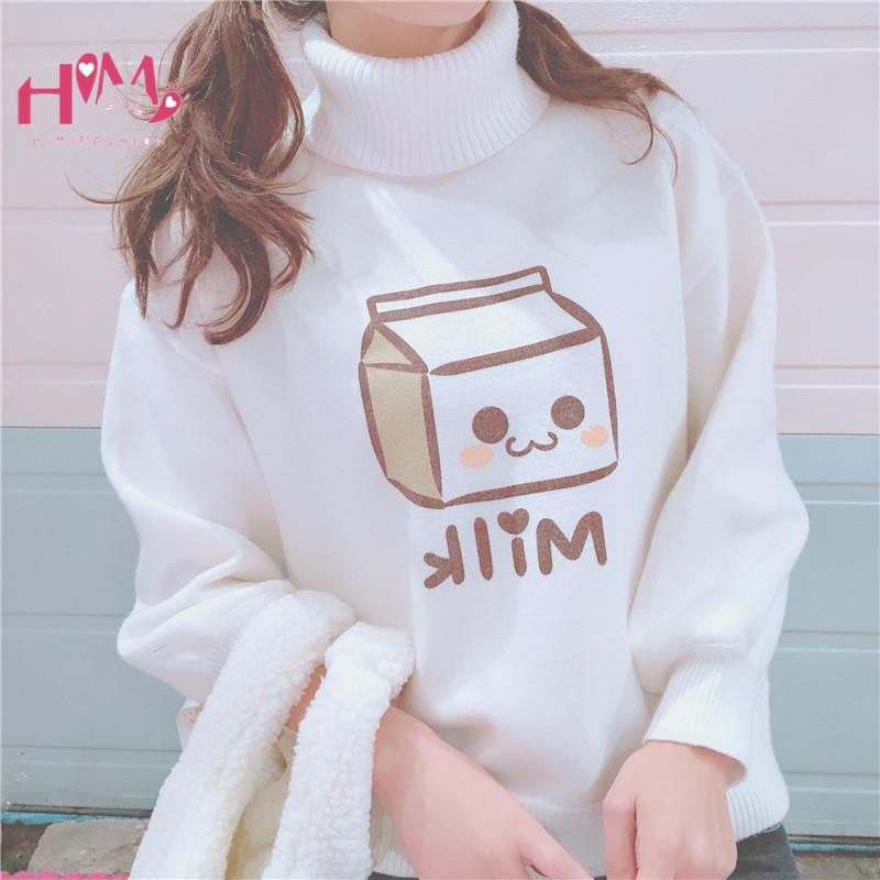 

Preppy Cashmere Women Pullover Winter High Collar Milk Boxes Print Cute Sweater Female Turtleneck Loose Kawaii Knitting Jumper, Beige