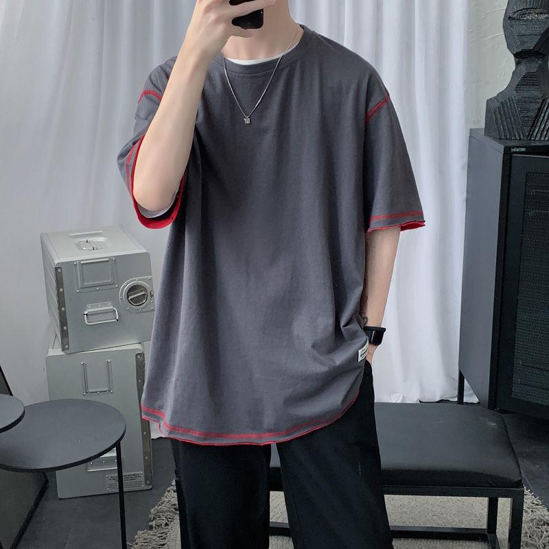 

2021 Summer New Youth Popular Men's Loose Large Size Solid Color Five-point Sleeve T-shirt Fashion Casual Round Neck Pullover, Black