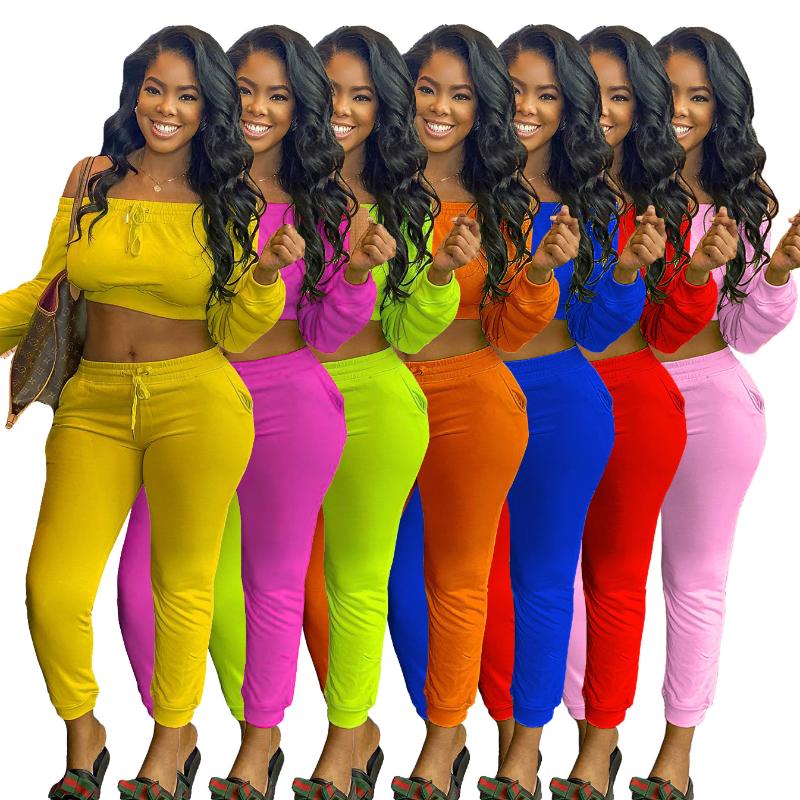 

Fashion Women Two Piece Set Off Shoulder Crop Tops Pencil Jogger Sweatpants Suit Tracksuit Fitness Outfit Match Set Streetwear, Yellow
