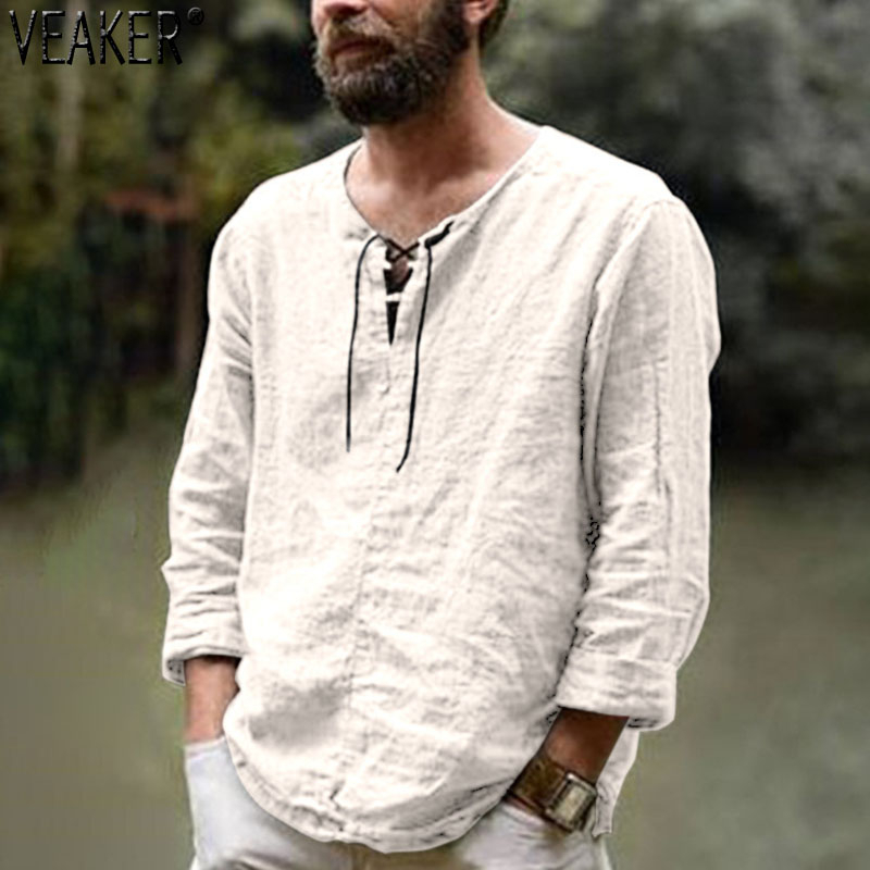 

2020 New Men's Linen V Neck bandage T shirts Male Solid Color Long Sleeves Casual Cotton Linen tshirt Tops -3XL, Beige