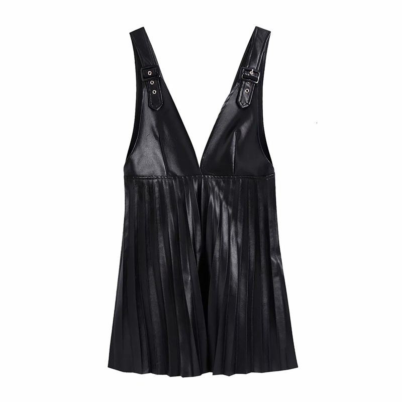 

2021 Women New Black Artificial Leather Pleated Vest Dress Female Fashion Elegant V-neck Adjustable Shoulder Strap Dresses Mujer 99MY