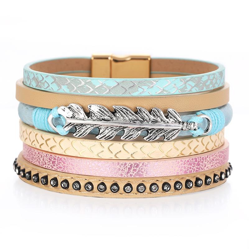 

Bangle Multi-Layer Leather Leaf Feather Bracelet For Women Magnetic Clasp Fashion Bangles Crystal Jewelry