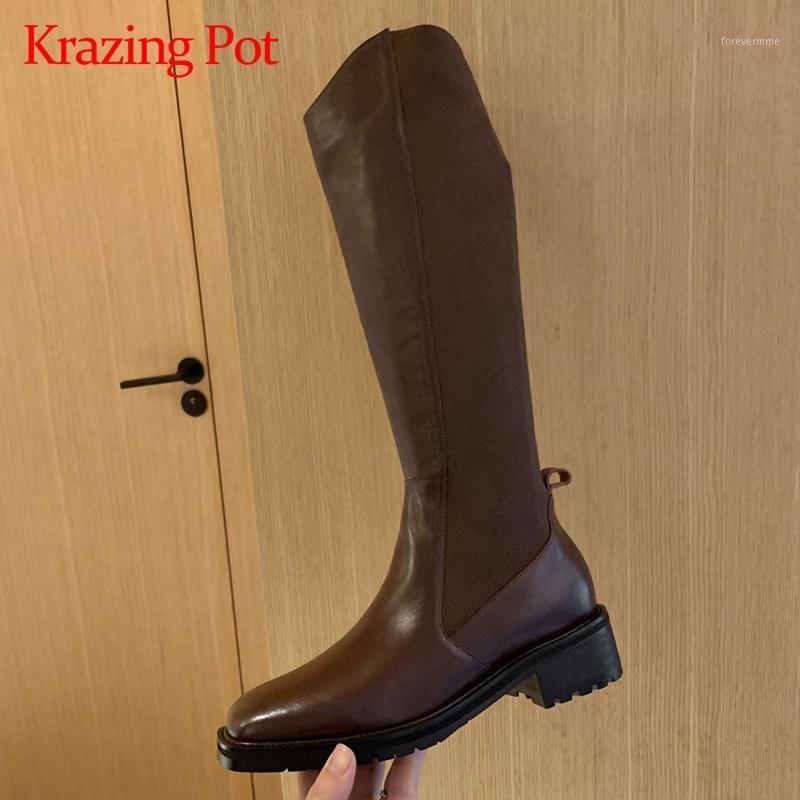 

Krazing pot genuine leather square toe med heel riding boots vintage colors young lady streetwear keep warm knee-high boots L111, Black