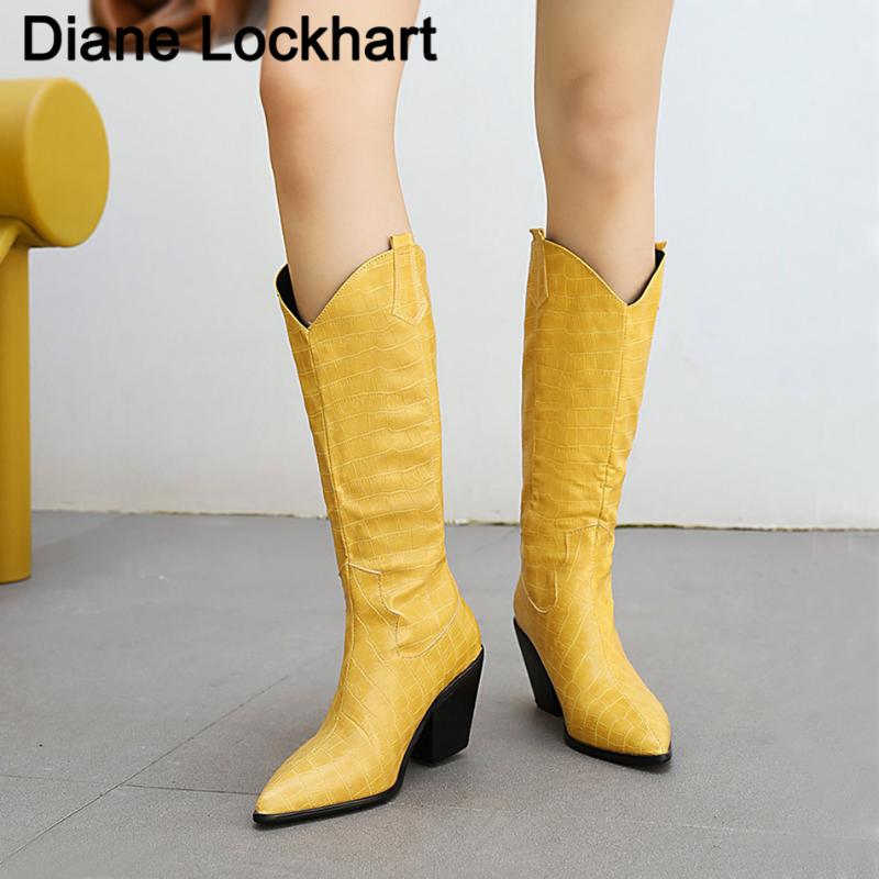 

Brand Designer Crocodile PU Women Knee High Boots western cowboy Riding Boot Pointed toe Wedge Botas Woman High Heels Bottes 41, Blue