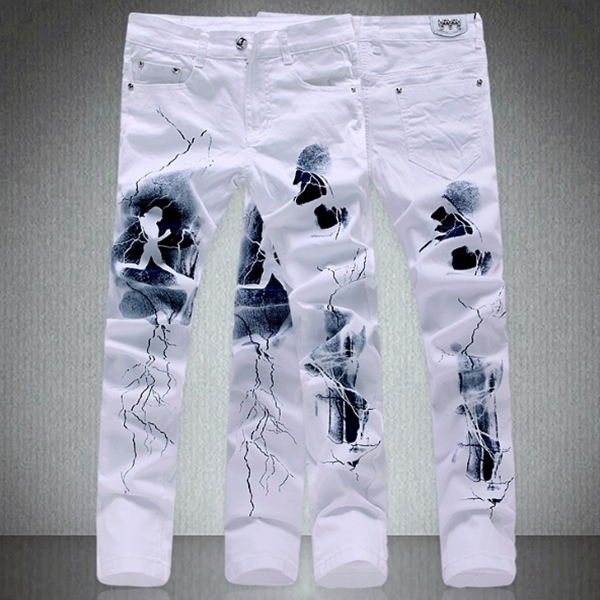 

Fashion Men`s White Printed jeans Floral Printed Elastic Stretch Denim Skinny Jeans For Male fz1260, Blue