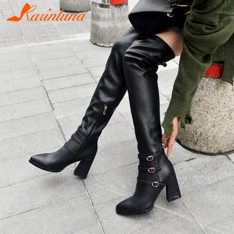 

karin Classics 2020 Over-the-knee Pointed Toe Women Boots Buckle Straps Square Thick Heels 8.5 cm Side Zipper women shoes1, Black